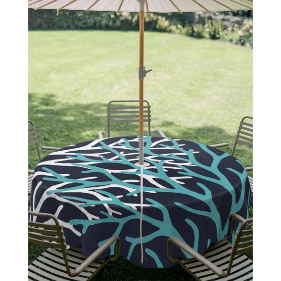 Outdoor Tablecloth with Umbrella Hole, Nautical Ocean Coral Navy Blue Zippered Table Cloth for Square Tables, Summer Beach Washable Waterproof Tablecloths for Picnic Patio Garden