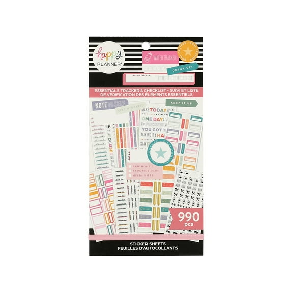 Happy Planner 30 Sheet Value Sticker Pack, Essential Tracker & Checklist Theme, 990 Stickers Total