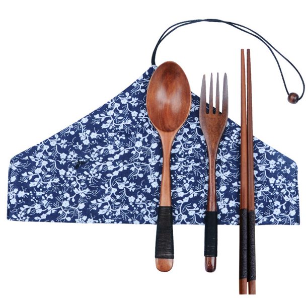 pitrice 3Pcs/set Natural Wood Set Wood Chopstick Spoon Fork Set With