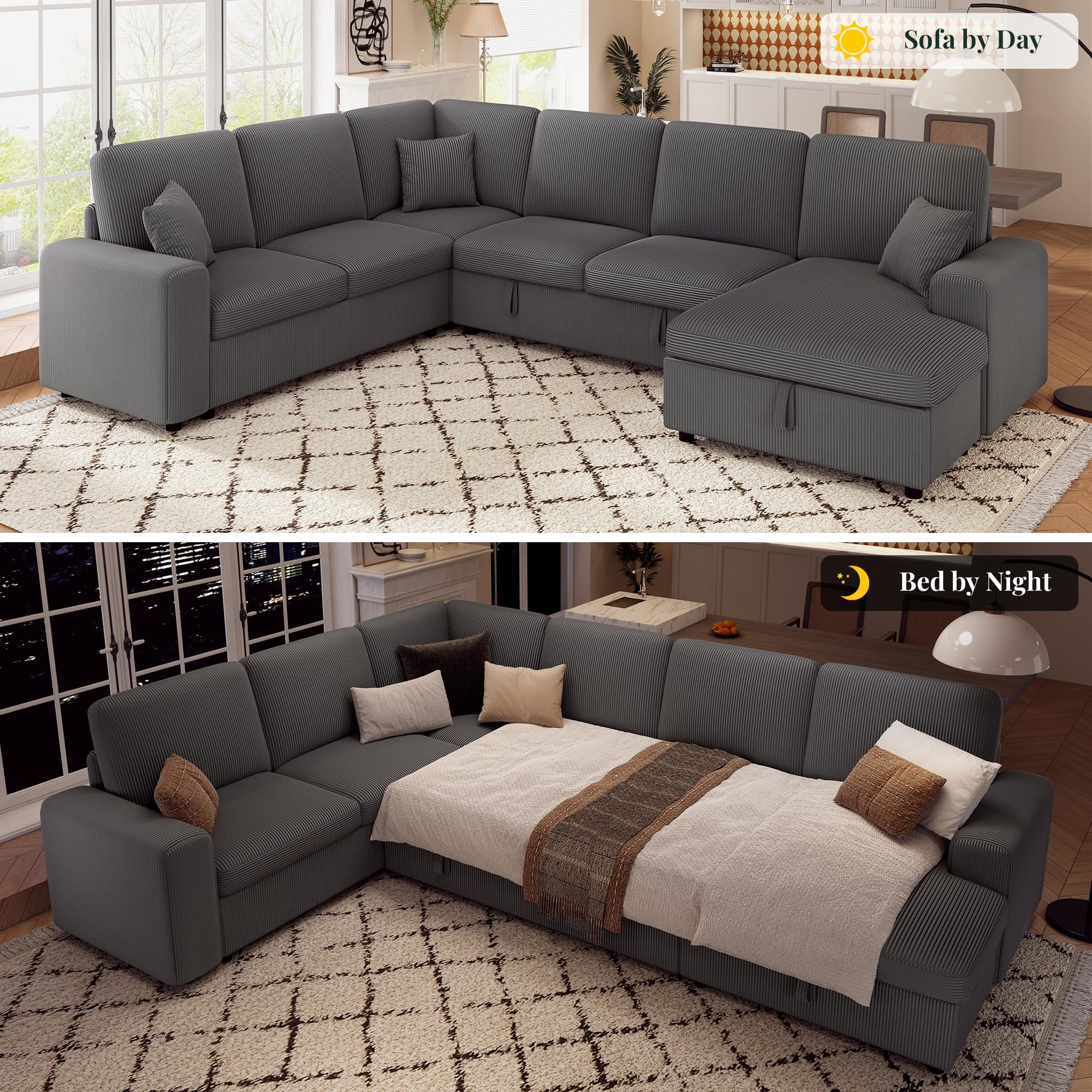 VanAcc 130" Sofa Bed, Sleeper Sofa, Pull Out Sleeper Couch with Storage, Convertible 6-Seater for Living Room, Corduroy Grey
