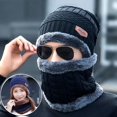 thumbnail image 3 of Gorro de lana cálido acolchado de terciopelo para invierno, gorro de punto a rayas para ciclismo, gorro de algodón con cuello frío, 3 of 5