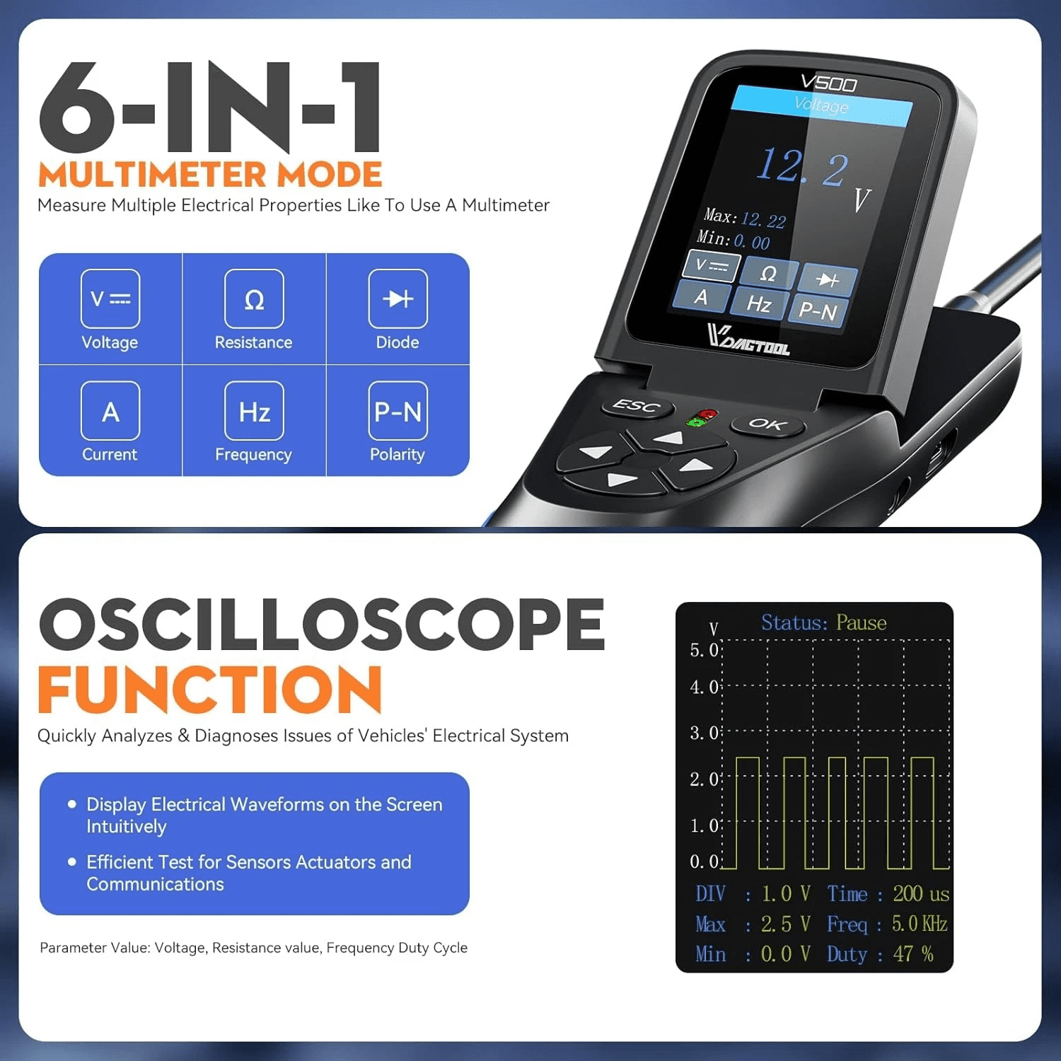 VDIAGTOOL V500 Pro Automotive Circuit Breaker Finder, Power Probe Tester, 9/30V Electrical Open Short Circuit Finder, Digital Multimeter/Oscilloscope/Relay Tester/Injector Test