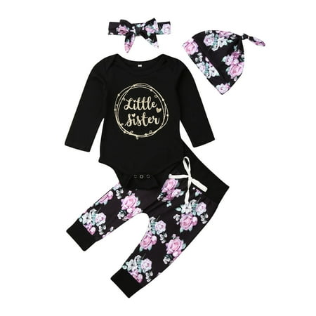

Binpure Baby Outfits Letter Print Romper + Floral Casual Pants + Hat + Headband