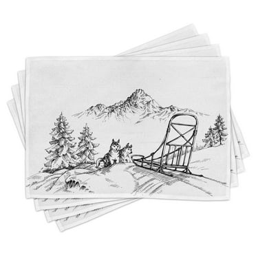 Ambesonne Alaskan Malamute Place Mats Set of 4, Winter Woods, Standard Size, Black and White