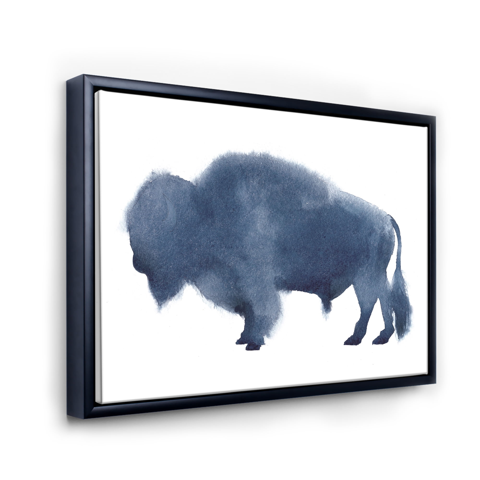 Navy Blue Bison Silhouette On White 32 in x 24 in Framed Painting Canvas Art Print, by Designart