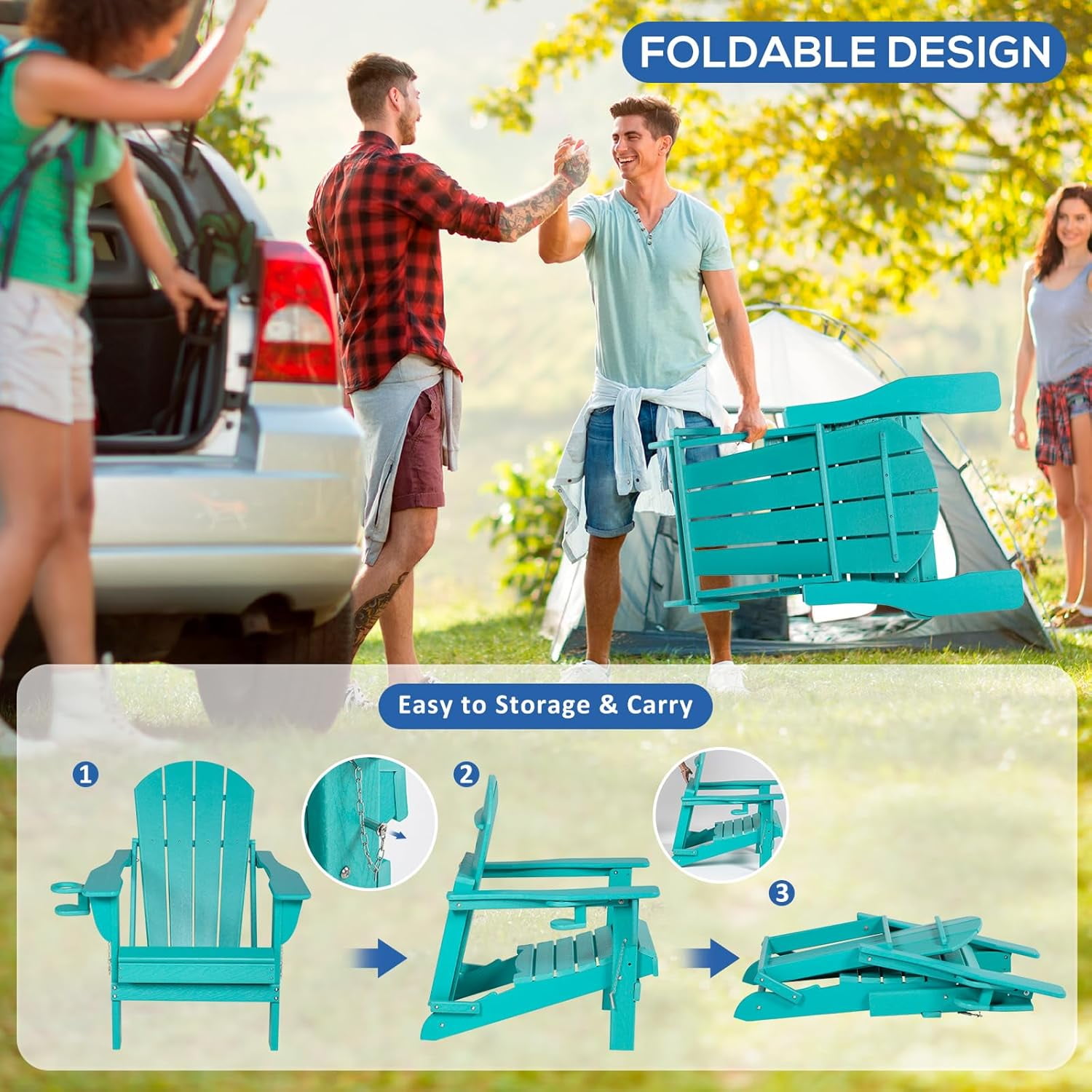 Nalone Folding Adirondack Chairs with Cushion with Cup Holder, HDPE Plastic Oversized Patio Chair Weather Resistant(Aruba)