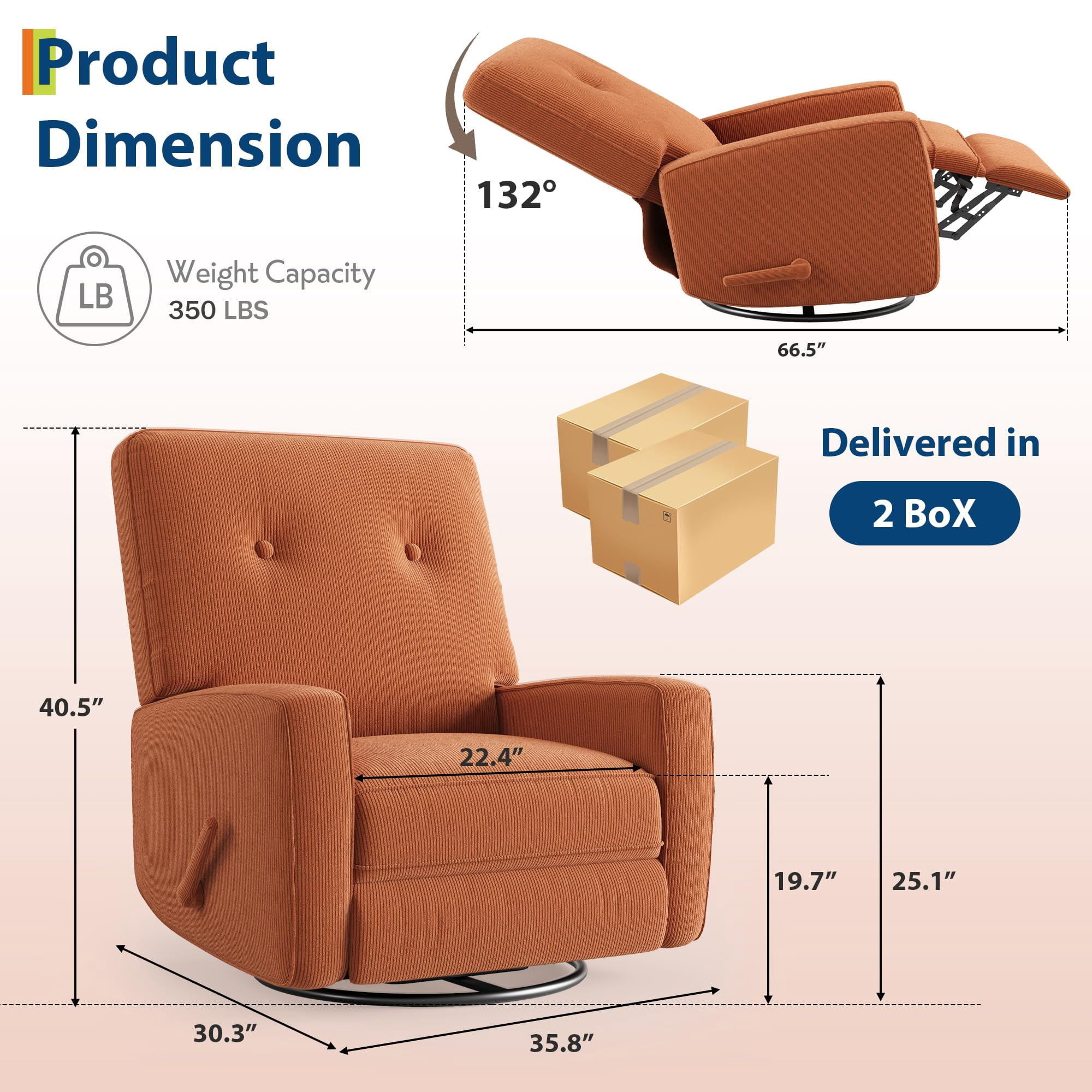 Modern Swivel Glider Recliner for Nursery & Small Spaces 360° Rocking Chair with Adjustable Lumbar Support & Footrest | Corduroy Upholstery for Apartment Living Room & Bedroom