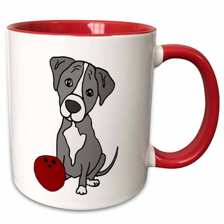 3drose, Funny Cute Grey Pitbull Puppy Dog Bowling Sports Cartoon, 15oz Two-tone Red Mug