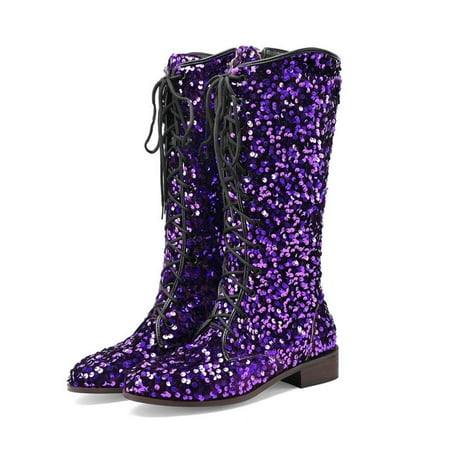 

UIX Women Mid Calf Boots New Pattern Fashion Sequin Decoration Retro Lace Up Thick Heels Low Heels Comfortable Shoes