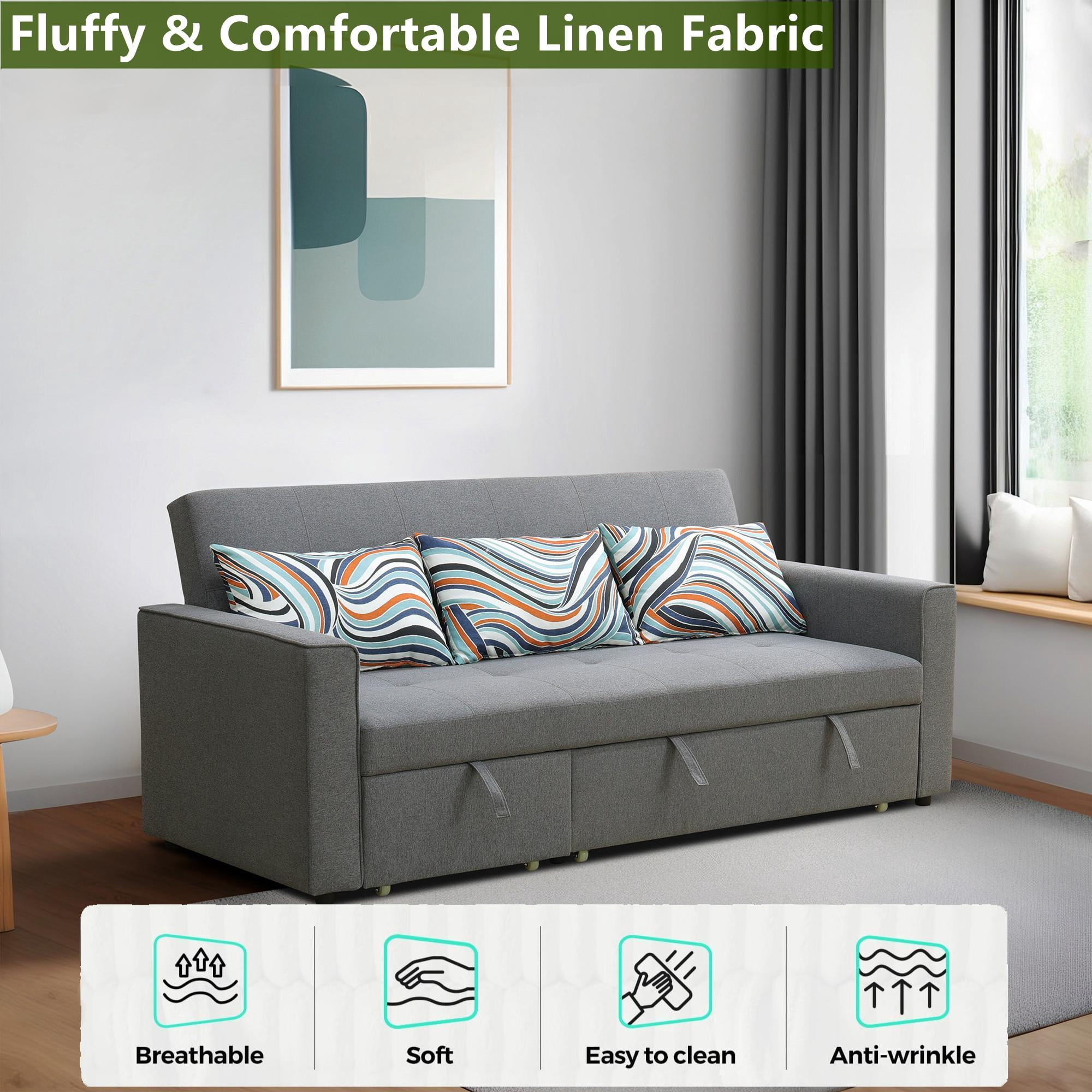 Aukfa 77" Comfy 3 Seat Sofa Convertible Sectional Sleeper Sofa Bed for Living Room, 3 Pillows, Linen, Gray