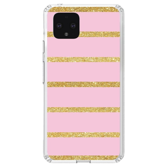 DistinctInk Clear Shockproof Hybrid Case for Google Pixel 4 (5.7" Screen) - TPU Bumper, Acrylic Back, Tempered Glass Screen Protector - Pink & Gold Print - Horizontal Stripes Pattern