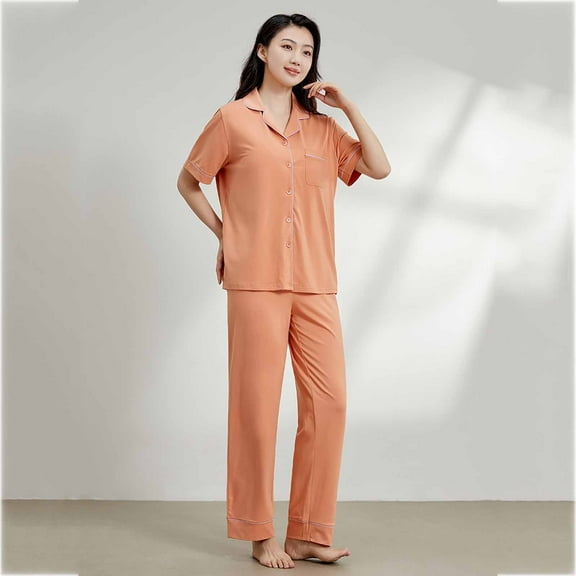 Womens Pajamas Set 100% Cotton Soft Short Sleeve Sleepwear Button Down Nightwear Summer Pj Sets Orange L