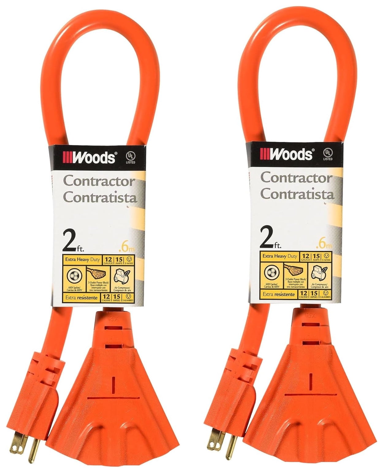 2-pack - Woods 990824 12/3 2' Orange STW Outdoor Multi-Outlet Extension Cord