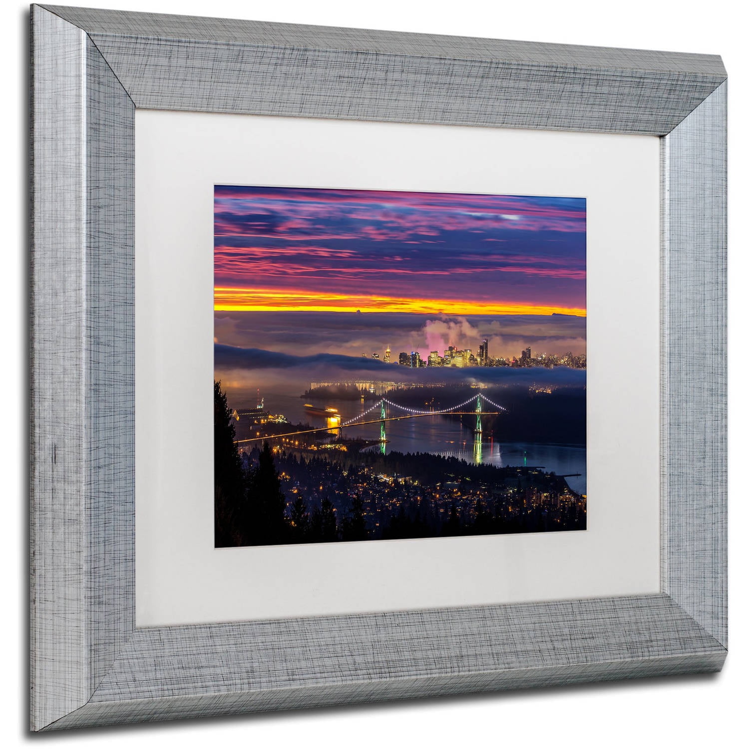 Trademark Fine Art 'West Vancouver Sunrise' Canvas Art by Pierre Leclerc, White Matte, Silver Frame