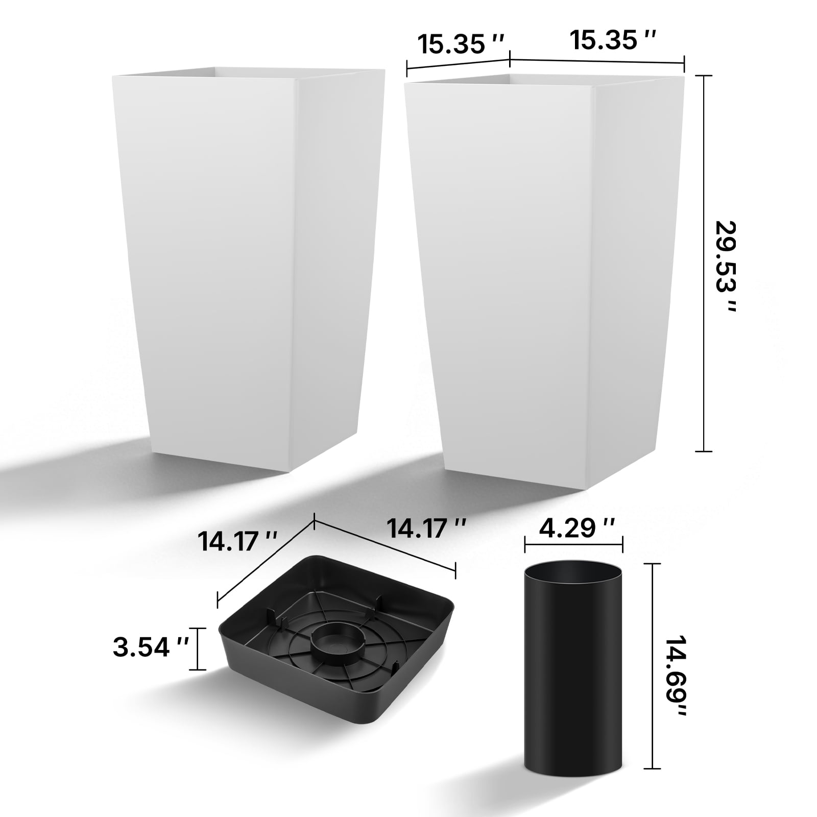 KFFKFF Set of 2 Tall Planters, 30in Large Outdoor and Indoor Tapered Plant Pots with Casters, Inner Pot, and Drainage Holes for Patio, Garden, and Front Porch, White