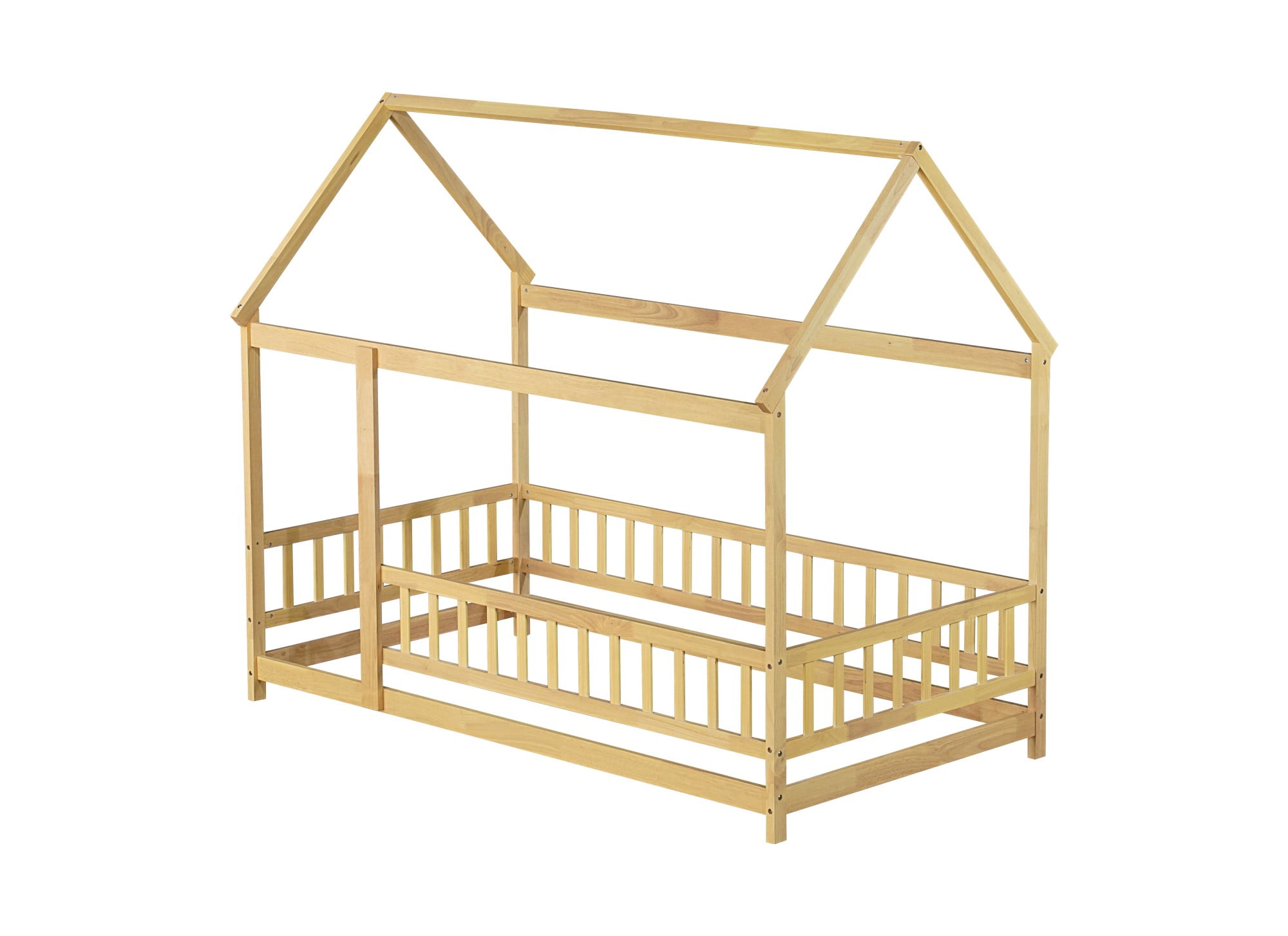 Aukfa Twin Size House Bed with Roof, Wood Floor Bed Frame with Fence for Kids Toddler, Natural
