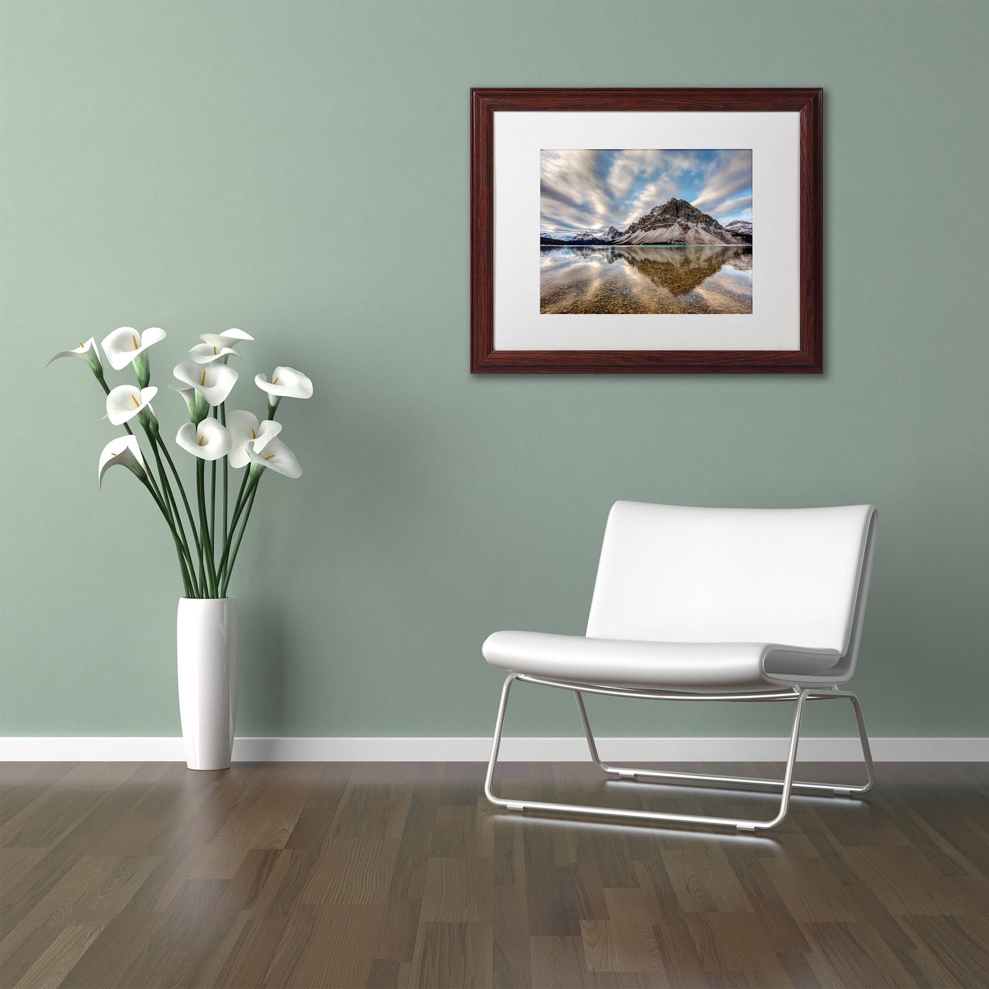 Trademark Fine Art 'Bow Lake Reflection' Canvas Art by Pierre Leclerc, White Matte, Wood Frame