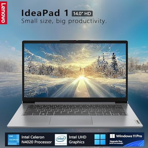 Lenovo IdeaPad 1 Business Laptop, 14" HD Display, Intel Celeron N4020, 4GB RAM, 128GB eMMC + 256GB SD Card, ‎Intel UHD Graphics, Wi-Fi 6, Bluetooth, Windows 11 Pro