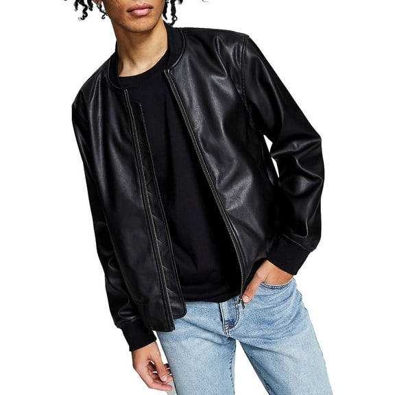 And Now This Mens Faux Leather Short Bomber Jacket