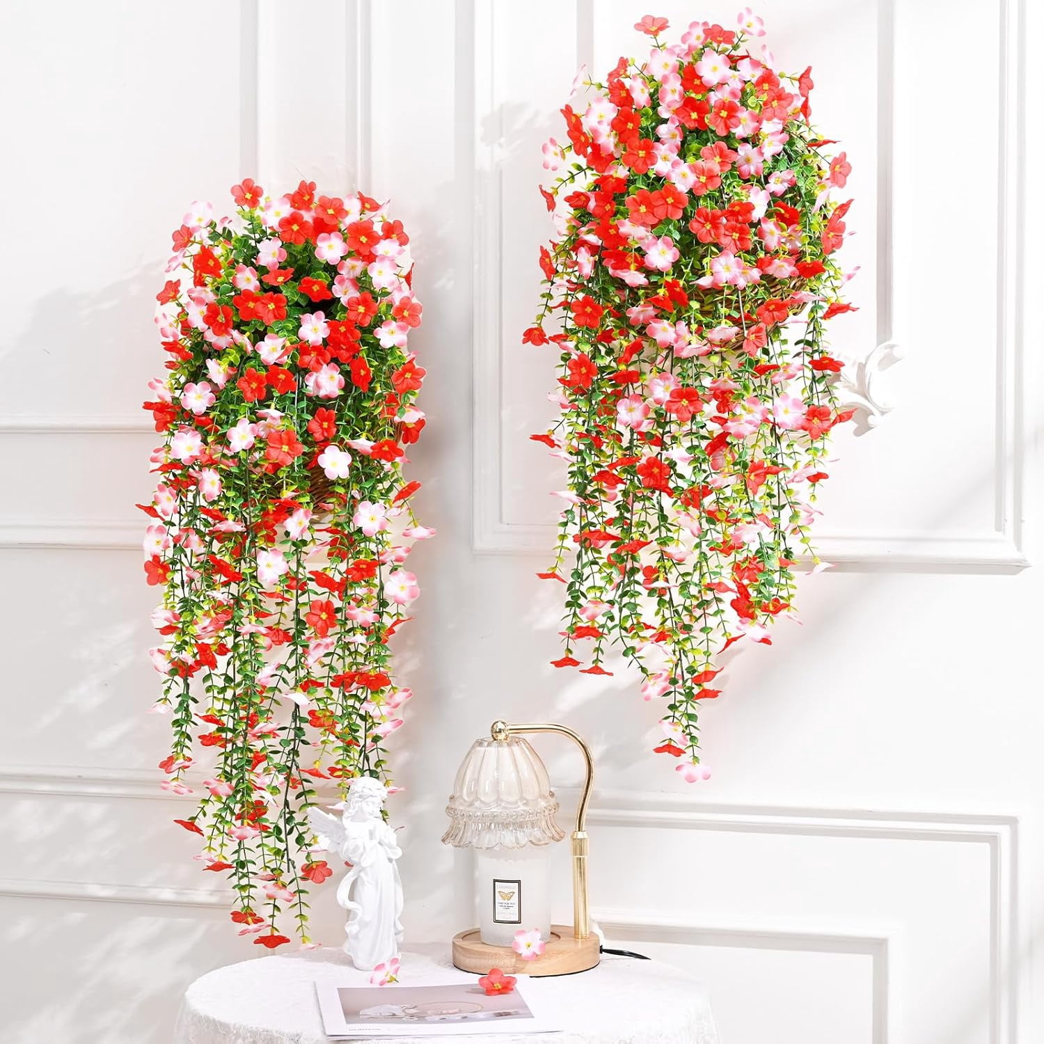 Yastouay 4pcs Artificial Hanging Flowers for Outdoors, UV Resistant Fake Flowers,Red Violet Outdoor Faux Plants for Garden Balcony Yard Porch