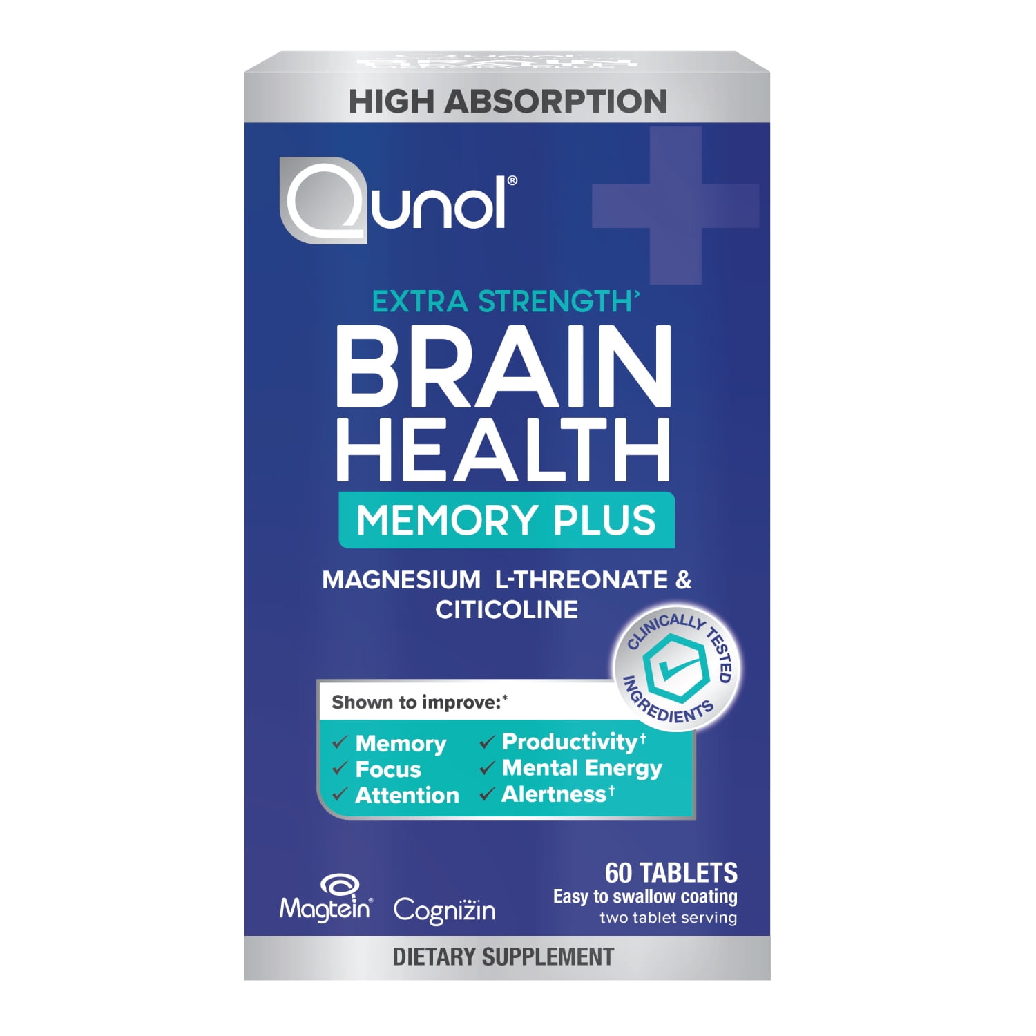 Qunol Brain Health Memory + Tablet with 1000mg of Magnesium L-Threonate, and 500mg of Citicoline, 60ct