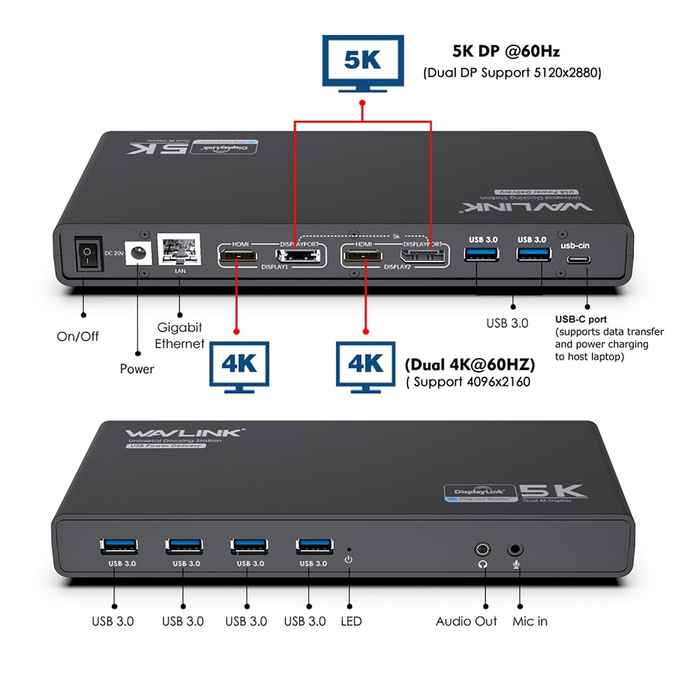 WAVLINK USB 3.0 Universal Laptop Docking Station with 65W Power Delivery, USB C 5K/ Dual 4K Dock Dual Monitor with 2 x HDMI & 2 DisplayPort, Gigabit Ethernet, 6 USB 3.0, Audio/Mic for Windows Mac OS