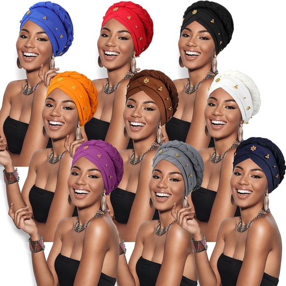 9 Pcs Turban pour Femmes, Foulard Tressé, Turban Pré-Noué, Bonnet Tressé, Bandeau Perlé, Taille Unique, Multicolore (Classique)