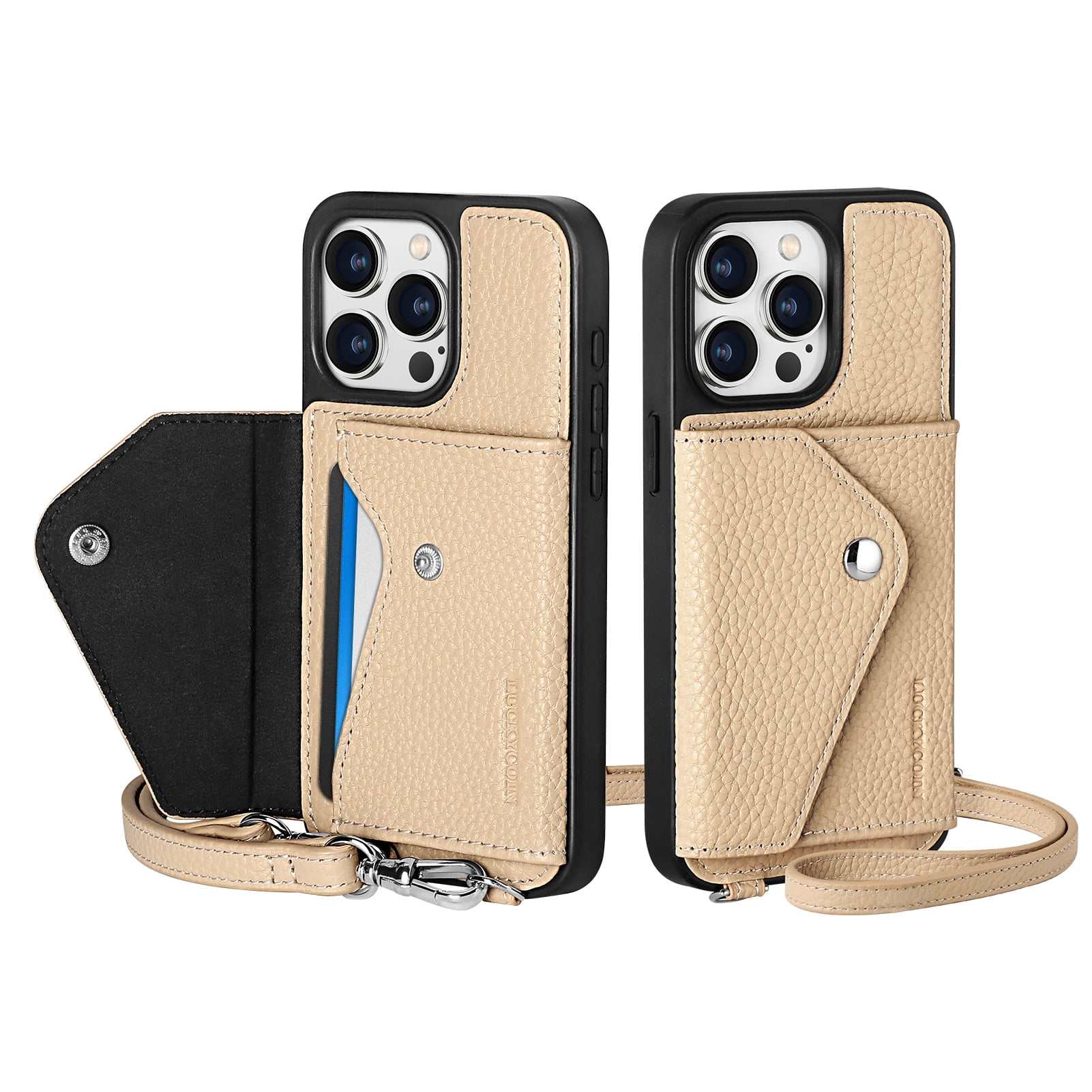 Handmade Genuine Leather Crossbody Wallet Phone Case for Apple iPhone 15 Pro 6.1-Inch,with Strap and Flip Wallet Card Holder,Shockproof Durable Scratch Protective