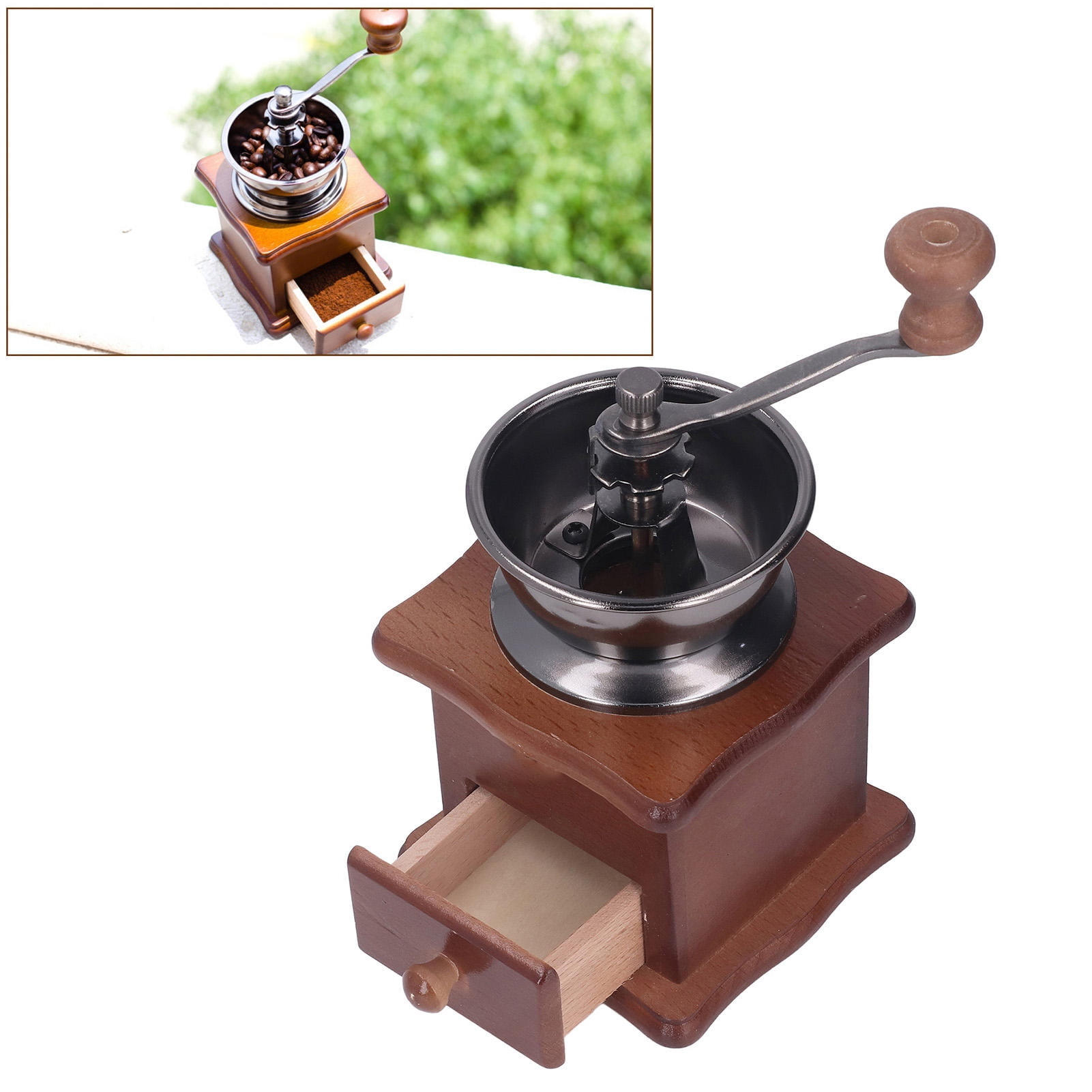 YAHHU Retro Hand Coffee Grinder – Beech Wood Base, Stainless Steel Core, Adjustable Grind, Manual Pour‑Over Mill