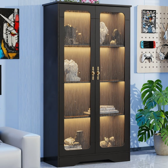 Vabches 55" Display Cabinet with Glass Doors, Storage Cabinet with LED Lights, 4-Tier Storage Curio Cabinet & Bookshelf for Living Room Dining Room Esports Room