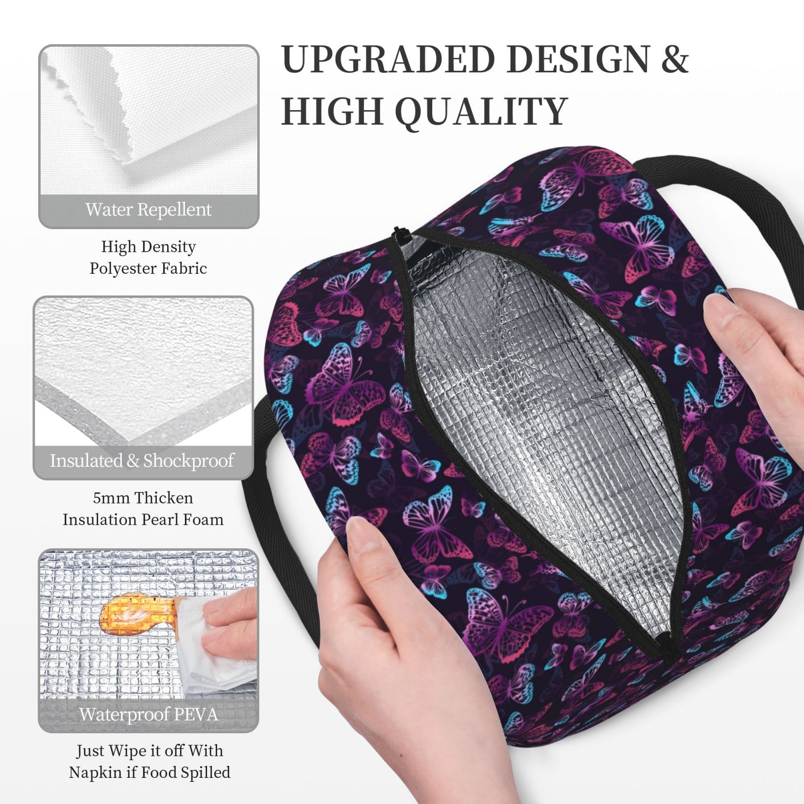 Horeoi Purple Butterfly Pattern Large Insulated Lunch Bag for Work, School, Picnic - Waterproof, Durable Oxford Cloth, Comfortable Handle-Black