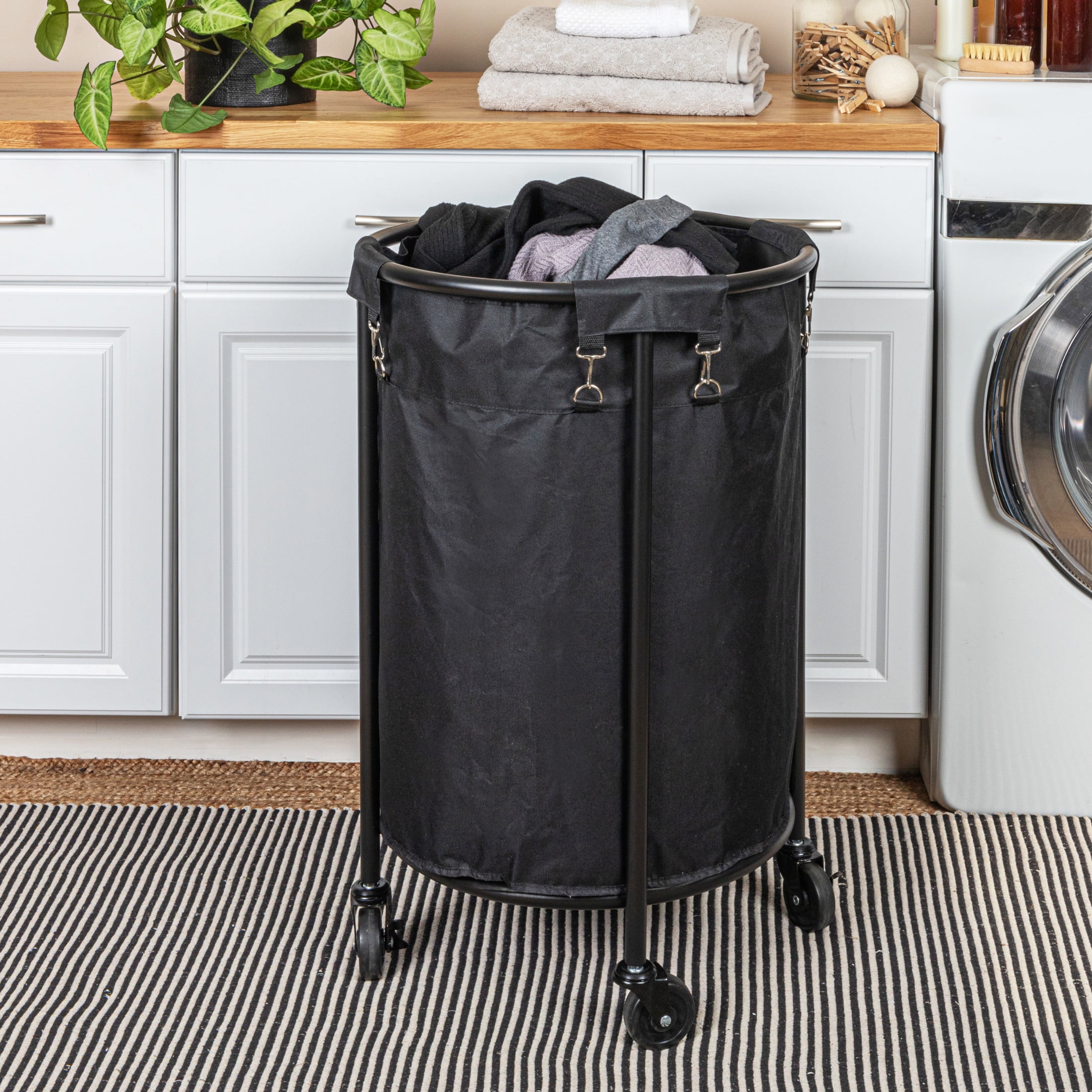 Household Essentials Round Laundry Hamper, Metal Frame with Wheels, Heavy Duty and Commercial-Grade, Black Polyester Bag, Great For Both Residential and Commercial Use