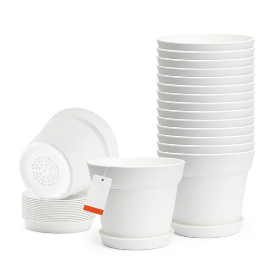 KFFKFF Set of 16 Plastic Plant Pots, 6-Inch Durable Planters with Drainage Holes and Removable Saucers, Lightweight Tapered Design for Indoor and Outdoor Plants, Ideal for Home and Garden Use