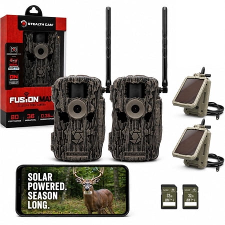 Stealth Cam Fusion MAX 36MP Cellular Trail Camera with Dual SIM AT&T & Verizon 0.35s Trigger 1080P Video App Control Includes Solar Panel SD Card & Cleaning Cloth 2PK