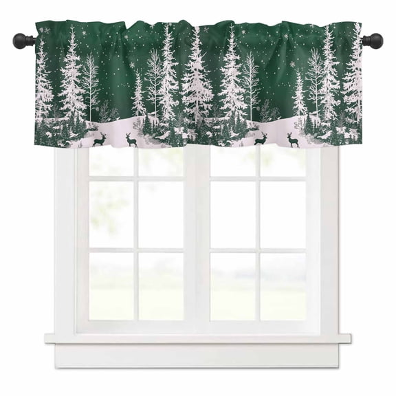 Christmas Snowflake Valances for Windows Elk Pine Trees Winter Deep Green Rod Pocket Curtain Valance Window Treatment Short Curtains for Kitchen Living Room, 60"x18"