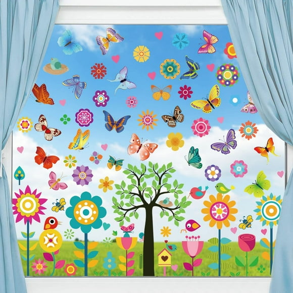 Jinsinto Self-adhesive spring window images, adhesive film anti-collision stickers window decoration spring window stickers flowers butterfly tree window film window decoration for chil