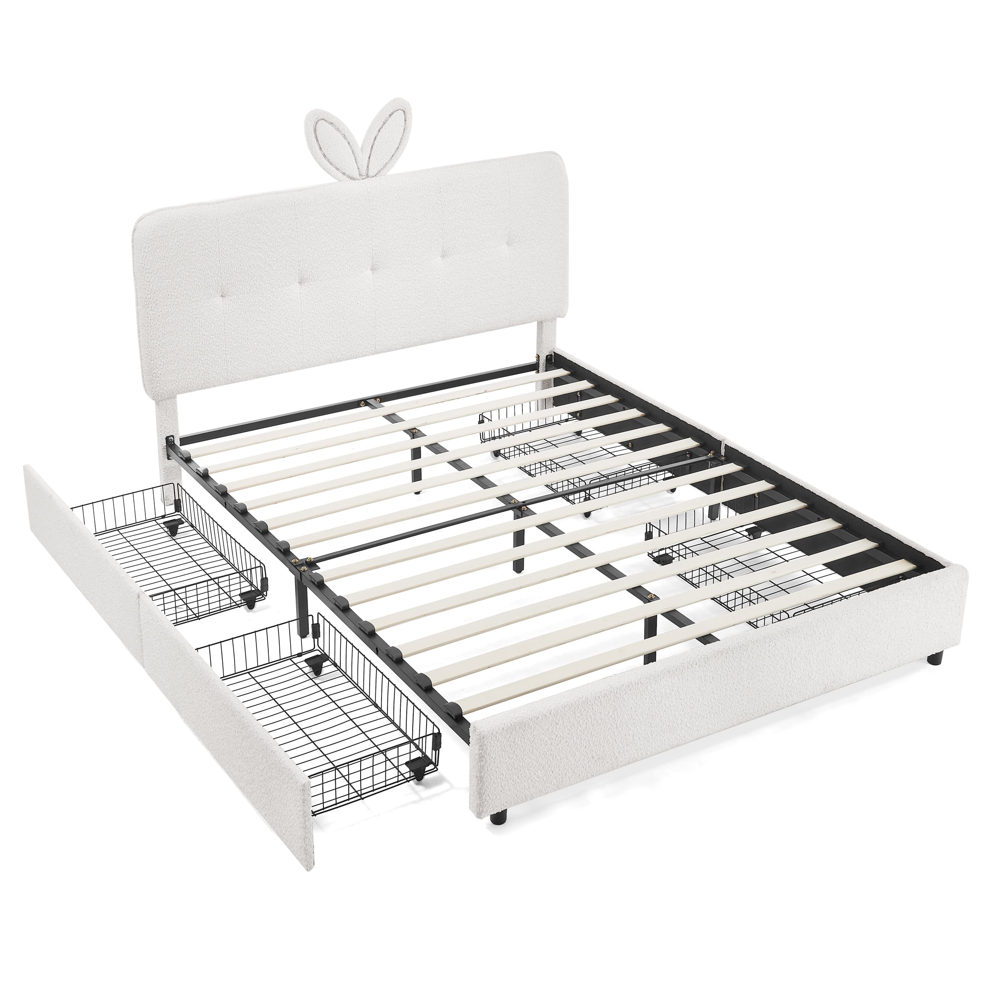 Queen Size Kids Bed with LED Lights and 4 Storage Drawers, Upholstered Boucle Bed Frame with Oversized Rabbit Ear Headboard, Platform Bed for Kids Bedroom, Beige