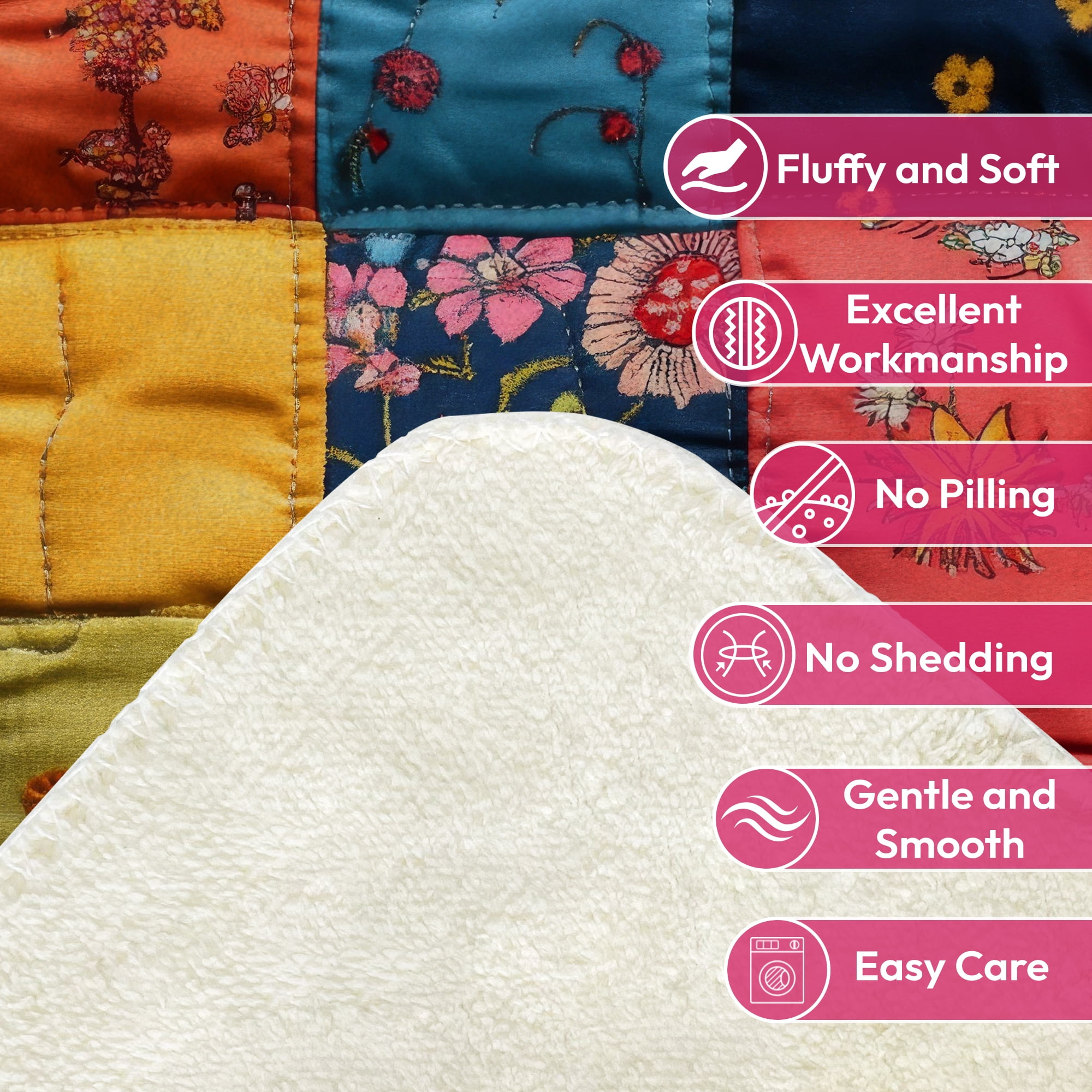Sherpa Fleece Throw Blanket 40"x 50" Reversible Plush Fluffy Blanket, Double-Layer Super Soft Flannel Blanket for Sofa, Couch, Bed, Patchwork Floral Pattern
