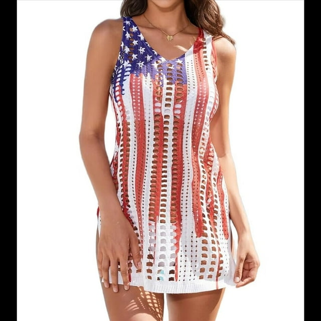Traje de Baño para Mujer, Pareo de Crochet, Vestido de Tirantes, con Estampado de Bandera Nacional 2, Talla L