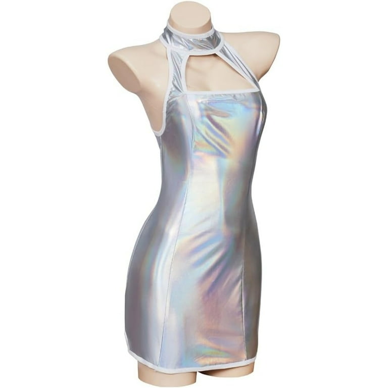 Sexy Silver Metallic Dress Strappy Halter Mini Dress Club Party Dress for  Women