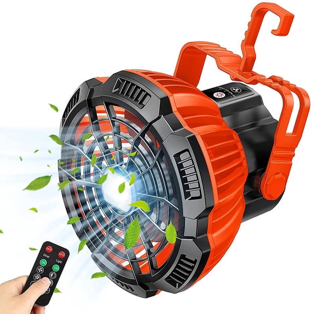 Ventilador de camping portátil para tienda de campaña, ventilador de techo USB recargable 2 en 1 con aro colgante de luz LED, ventilador de escritorio para camping al aire libre, hogar, oficina, coche, cortes de emergencia (naranja) oso de fresa Electrónica