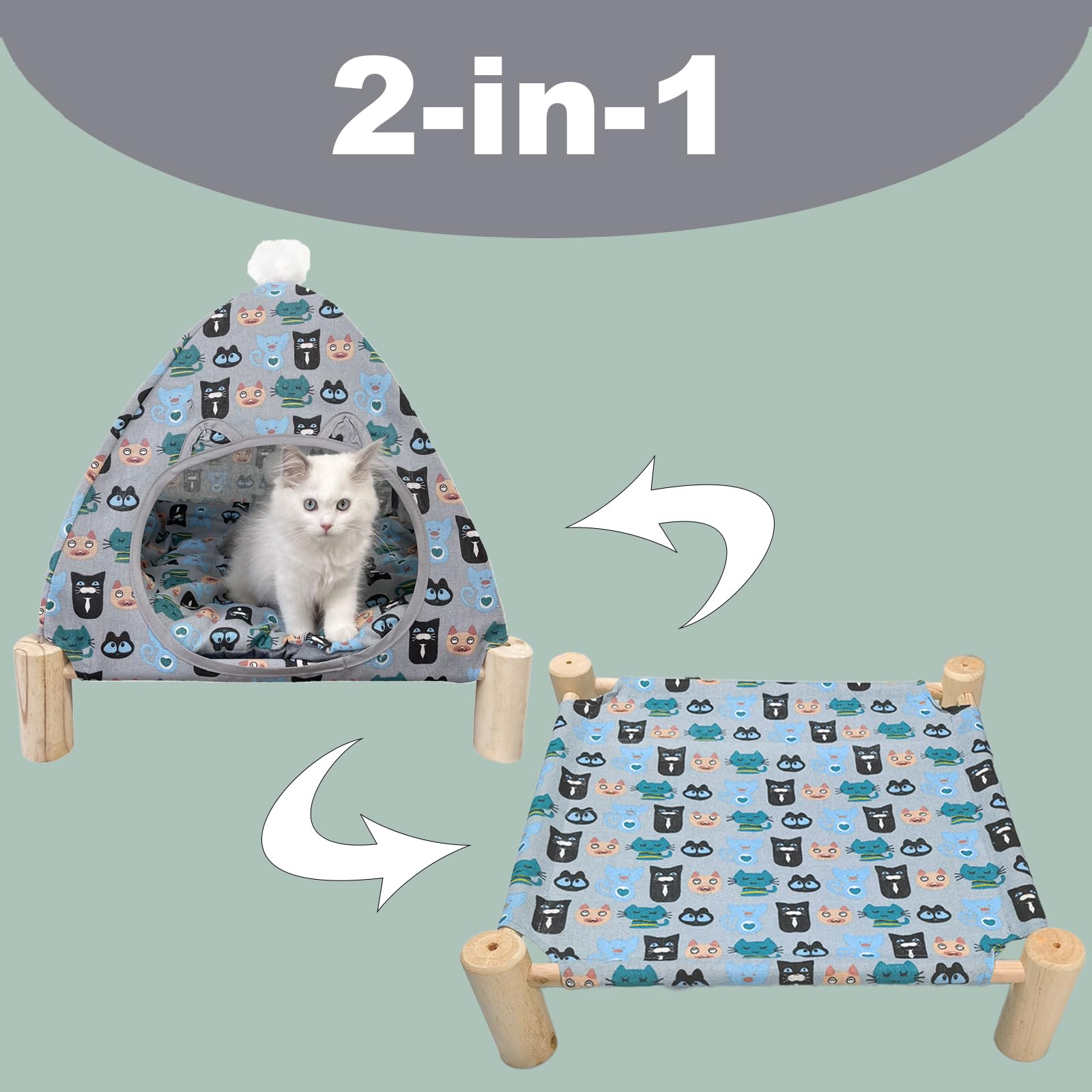 Nockovi 2-in-1 Cat Tent Wooden Frame Cat Bed Cat Hammock, Portable Indoor Outdoor Pet Tent House for Cats Puppies Small Animals, Quick Assembly Cute Pattern Pet Nest