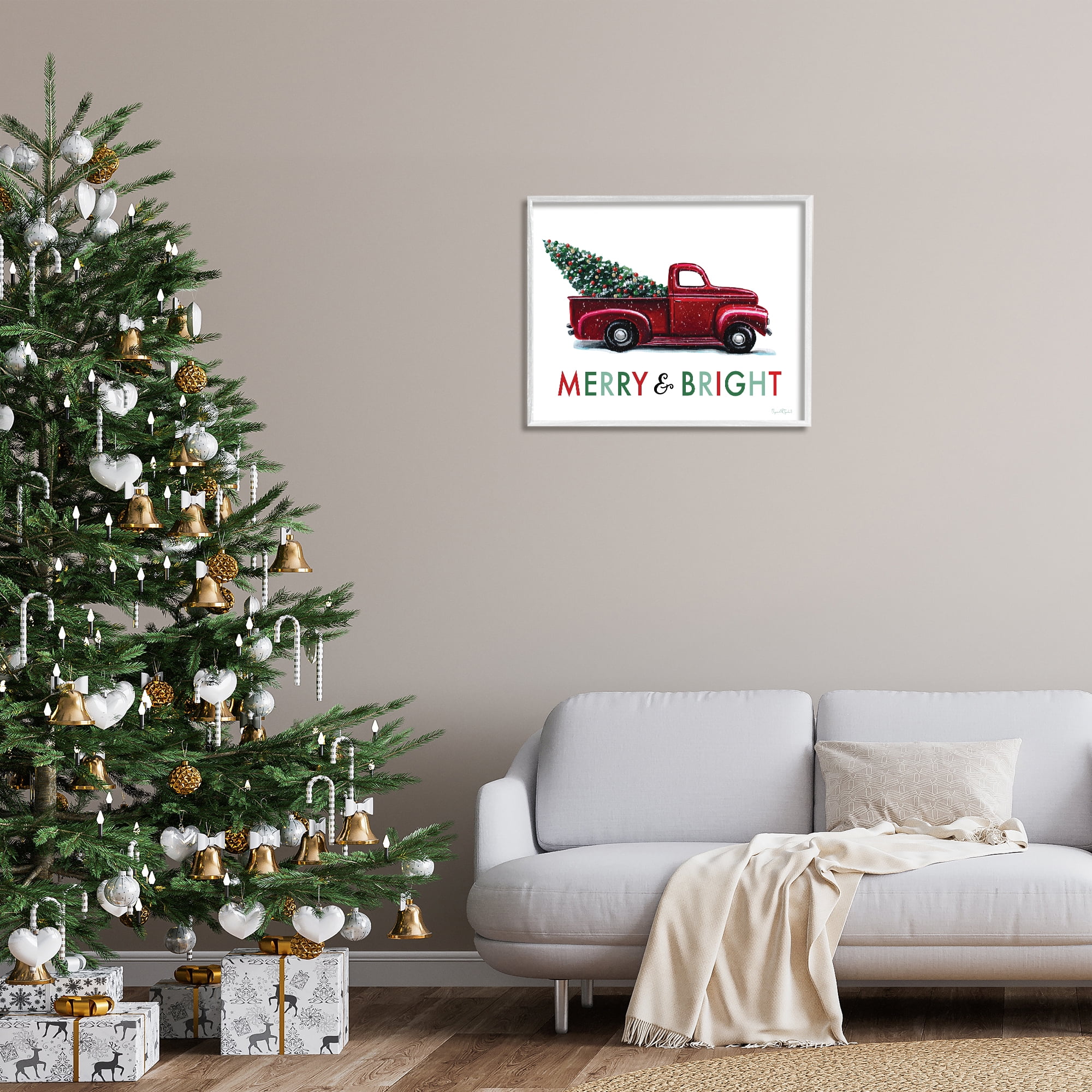 Stupell Industries Merry Bright Christmas Truck Holiday Painting White Framed Art Prints Wall Art, 30 x 24