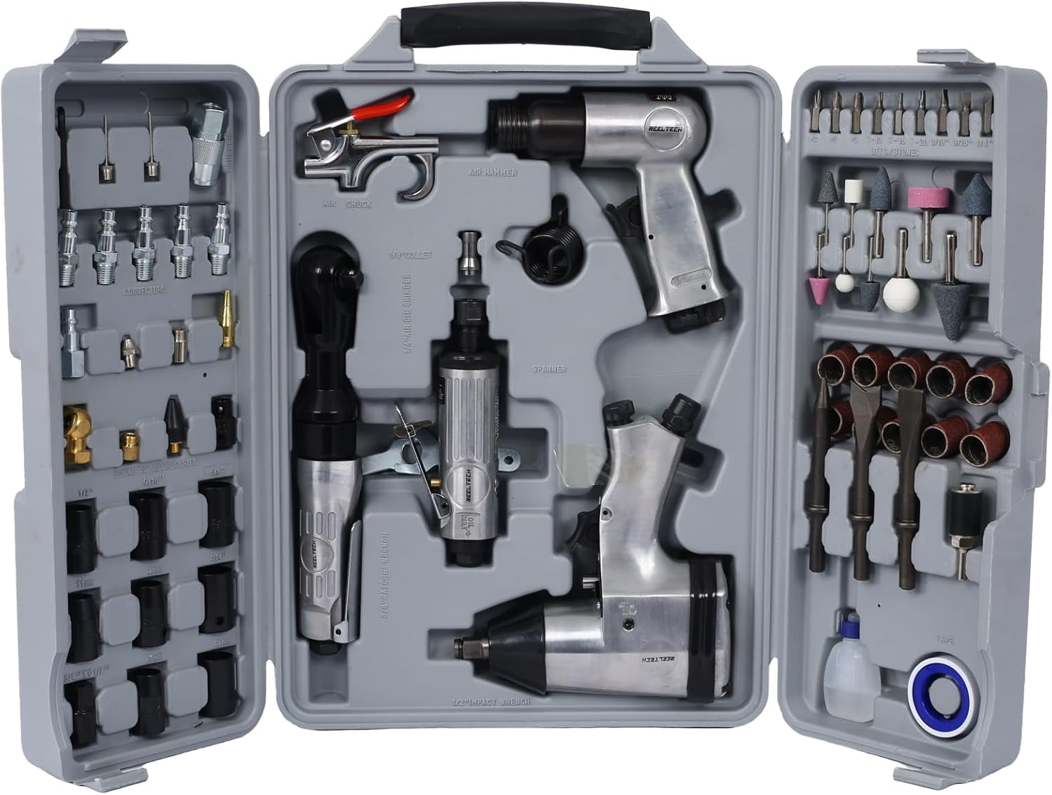 Acekid 71-Piece Air Tool and Accessories Kit, for Automotive Maintenance with Storage Case, Includes Power Ratchet Impact Wrench Die Grinder, Silver