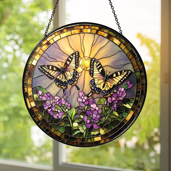 Butterfly Stained Glass Suncatcher Sunlit Window Hanging Home Decor Spring Garden Purple Flowers Cottagecore Nature Glass Panel