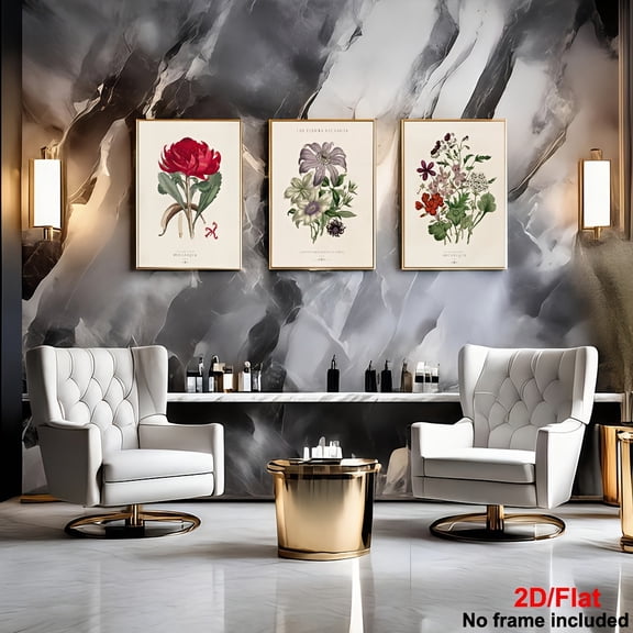 Set of 3 Decorative Prints, 2D Unframed Canvas Art, Vintage Plant Print Trio, Large French Poster Wall Art.