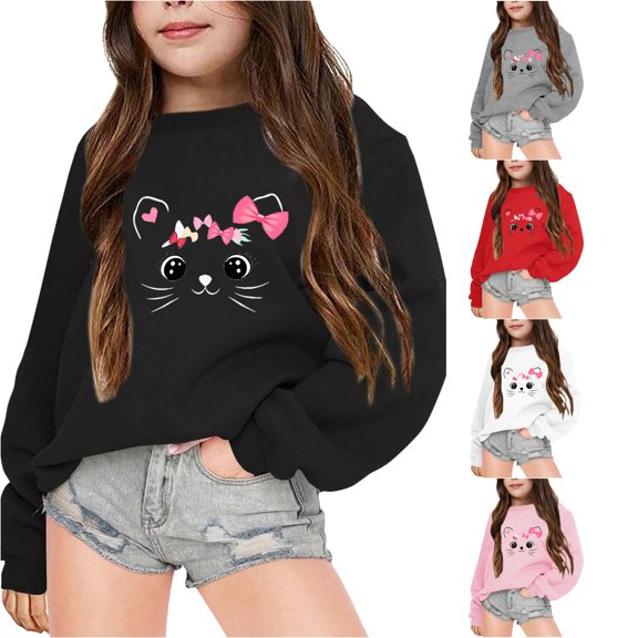 RMGVDSD Girls Crewneck Sweatshirt Cute Graphic Pullover Tops Kids Fashion Sweatshirts Loose Fit Casual Wear Autumn Winter Clothes Versatile Tops 11-12 Years