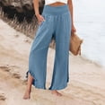thumbnail image 7 of Nestiefly Linen Pants Women Summer Wide Leg Smocked Waist Ruffle Hem Pants Boho Flowy Beach Vacation Pant with Pockets Light Blue 3XL, 7 of 7