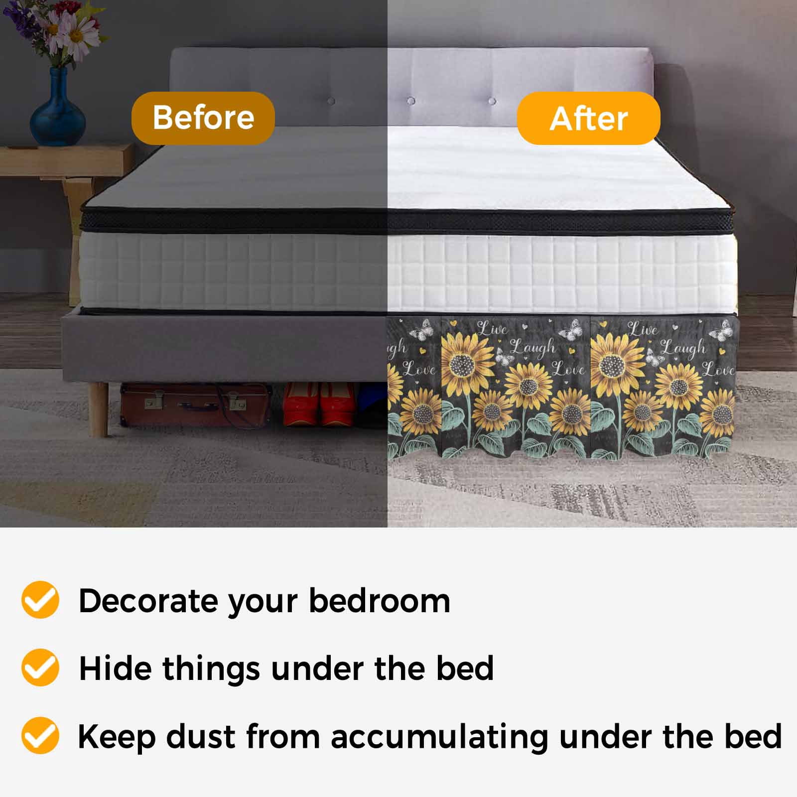 Summer Sunflowers Bed Skirt King Size 18 Inch Drop, Elastic Wrap Around Bed Skirts Pleated Luxury Dust Ruffles For Twin Full Queen Cal King Base Beds, Farmhouse Cartoon Botanical Flowers