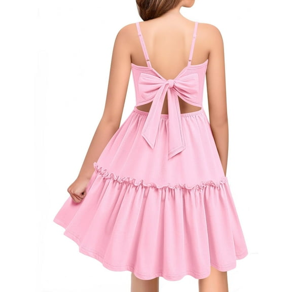 Arshiner Tie Back Dresses for Girls Casual Summer Adjustable Strap Little Kids Black Wedding Dress with Pockets Girls Spring Dresses Size 10-12